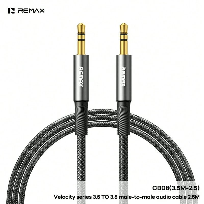 REMAX Velocity 3.5米转3.5米音频适配器线，3.5毫米音频公对公90度直角线，适用于扬声器辅助线，坚固耐用，长度2.5米，抗摇晃和弯曲，高功率快速充电