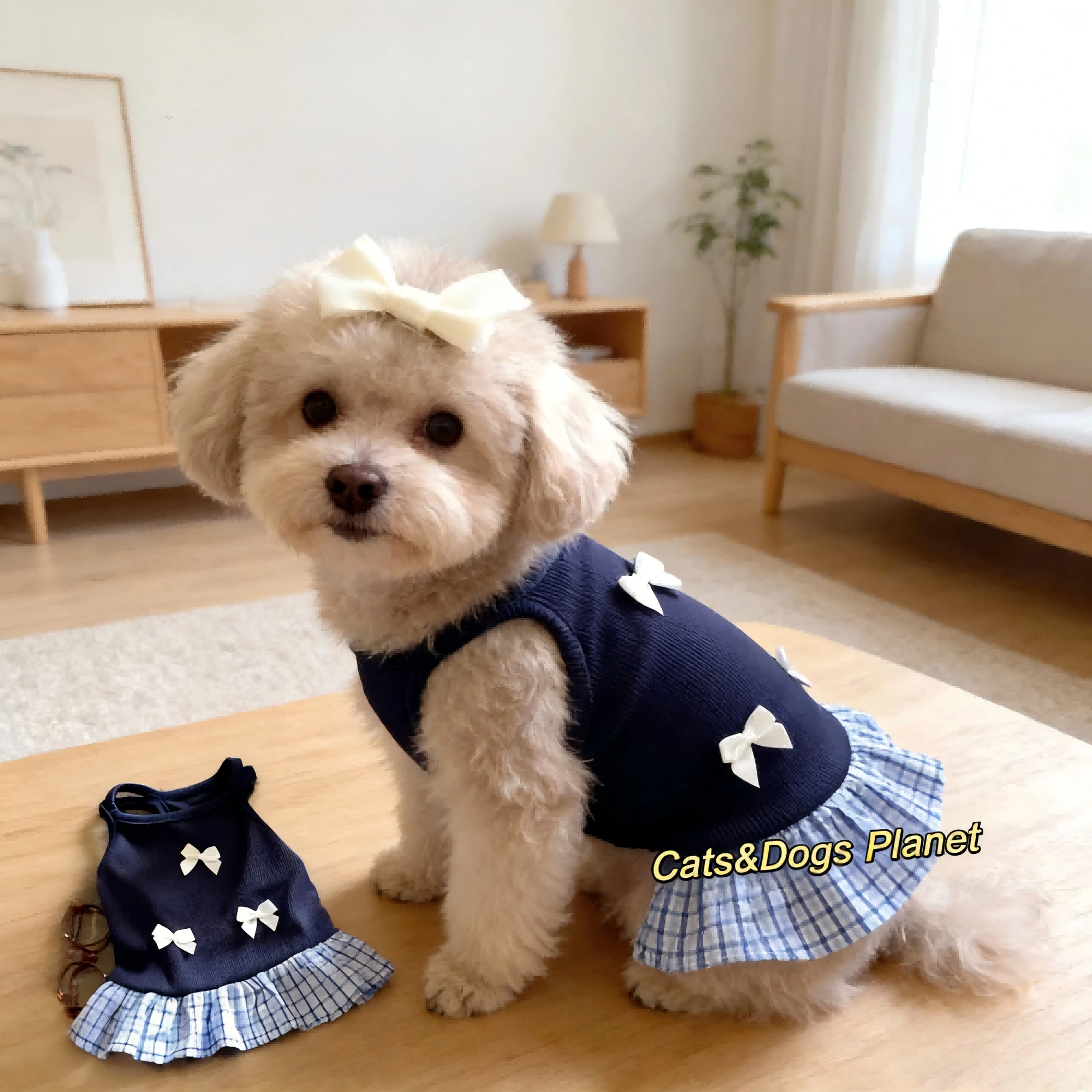 夏季宠物连衣裙，带领结，无袖透气，适合猫咪和小型犬，轻便防掉毛 - 彩色 - 查看 1