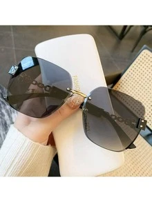 1pc Fashionable Frameless Chain Temple Retro Large Frame Fashion Glasses, Elegant Accessory - Gold Silver - View 2