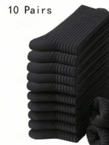 10双装男士黑色经典吸湿透气商务休闲中筒袜，适合日常搭配皮鞋或运动鞋，秋季必备 - 黑色 - 查看 1