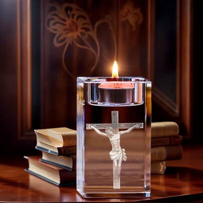 3D激光雕刻耶稣十字架水晶烛台，基督教宗教饰品，教堂及家居装饰工艺品