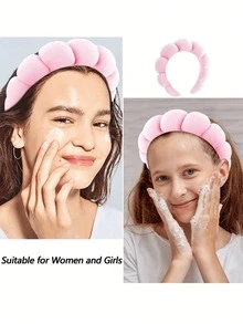 1pc Facial Headband / 2pcs Facial Wristbands / 3sets Spa Headband, Makeup Headband, Facial Headband, Skincare Headband, Pink Velvet Fluffy Sponge Headband, Bow, Bubble, Spa Headband, Wristband, Women & Girls Hair Accessories Set - Clouds - View 6