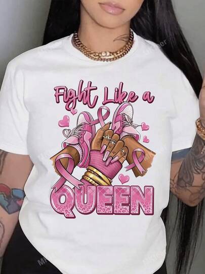 This Is A White Short Sleeved T-Shirt In The Style Of Public Welfare And Women's Power, With Pink As The Main Color Tone, Conveying A Positive Attitude Of Fighting Against Diseases And Demonstrating Women's Resilience,Casual Women's T-Shirt,100% Cotton T-Shirt, Slight Elasticity, Round Neck, Lightweight, Breathable, Comfortable, Perfect Suitable For Daily And Outdoor Wear, Local Delivery