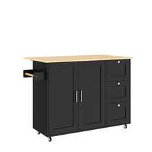 Length 135 Cm * Width 44 (70) Cm * Height 90 Cm, Large Mobile Kitchen Table, Oak Countertop, Folding Design, Multifunctional Cabinet, 3 Drawers, Towel Rack, Ideal For Kitchen, Dining Room, Home. - Black - View 6