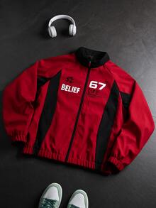 Giacca da uomo, abbigliamento da uomo, stile di moda da strada per uomo, giacca con colletto alto a contrasto, top, stampa di lettere patchwork, capo di moda singolo, versatile per uso esterno e pendolarismo - Rosso - Visualizzare 15