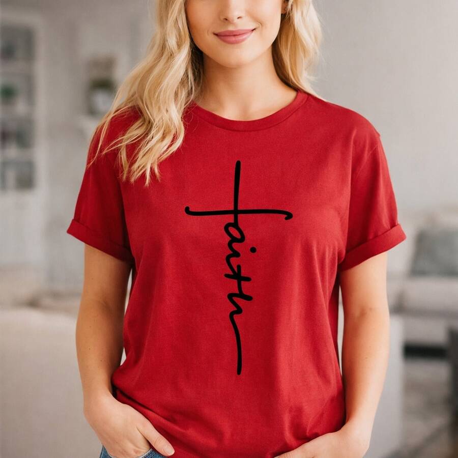 Women's Plus Size 0XL-5XL Cotton Short Sleeve T-Shirt, Classic Crew Neck Casual Top, Loose Fit Basic Tee, Solid Color Soft Comfy Daily Wear, Black/White Print Christian Cross Faith Graphic T-Shirt For Ladies - Đỏ - Xem 1