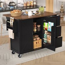 Kitchen Island Table, Dining Cart With Sliding Countertop, Cabinet, Kitchen Cart, Dining Cart With Wood Finish, Three-Drawer, Two-Door Dining Cart, Black - Black - View 1