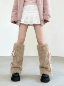1 Pair Y2K Bowknot Fuzzy Leg Warmers In Coffee/Khaki/White (May Have Slight Shedding) - Multicolor - View 8