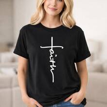 Women's Plus Size 0XL-5XL Cotton Short Sleeve T-Shirt, Classic Crew Neck Casual Top, Loose Fit Basic Tee, Solid Color Soft Comfy Daily Wear, Black/White Print Christian Cross Faith Graphic T-Shirt For Ladies - màu đen - Xem 1