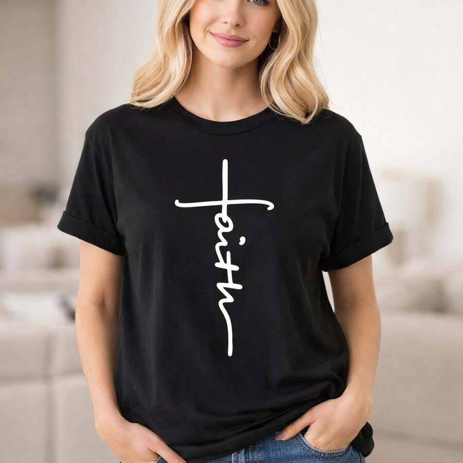 Women's Plus Size 0XL-5XL Cotton Short Sleeve T-Shirt, Classic Crew Neck Casual Top, Loose Fit Basic Tee, Solid Color Soft Comfy Daily Wear, Black/White Print Christian Cross Faith Graphic T-Shirt For Ladies - màu đen - Xem 1