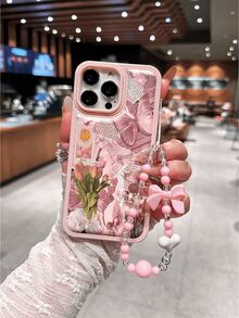 1pc Fashion Tulip & Butterfly Pattern Phone Case With Bow Lanyard, Soft TPU Shockproof Full-Body Protective Phone Cover Compatible With IPhone 17/17 Air/17 Pro/17 Pro Max/16/16 Plus/16 Pro/16 Pro Max/15/14 Plus/13/12/11, Thickened Anti-Scratch Leather Texture Phone Protective Case - Pink - View 1