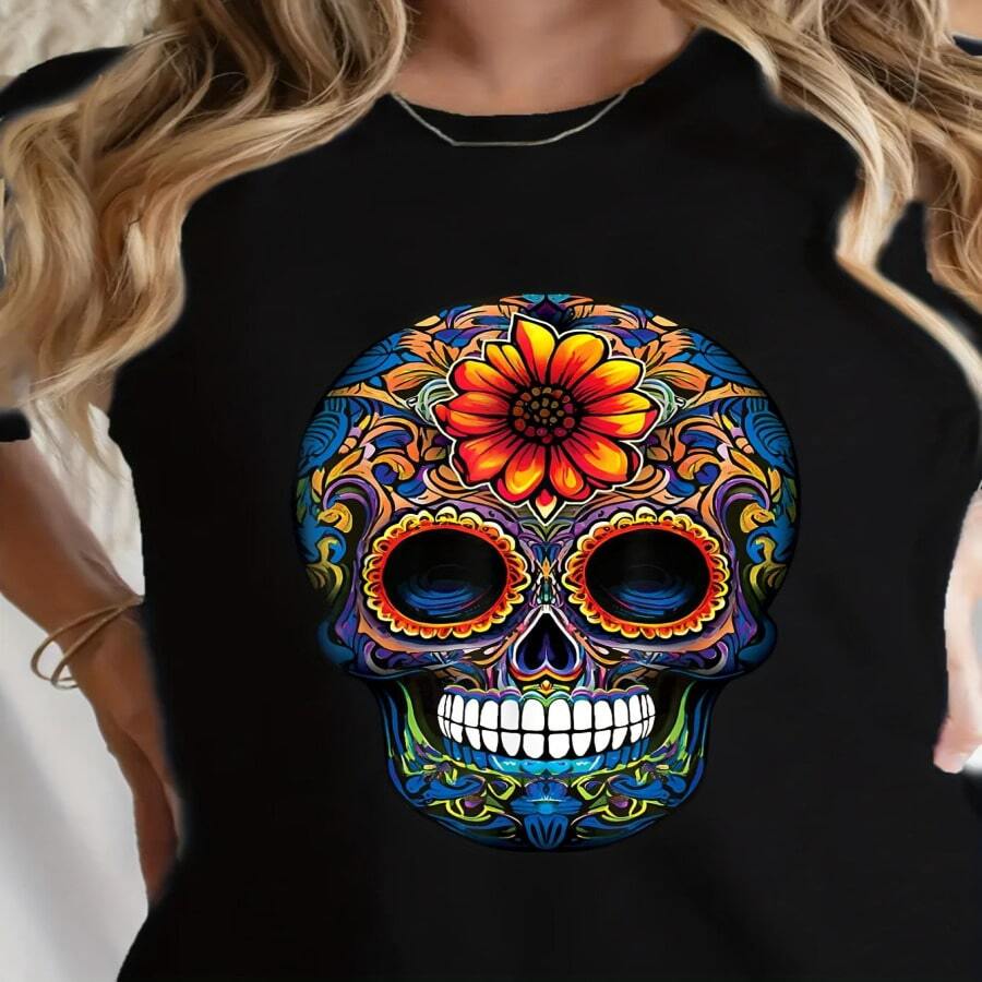 Talla grande - Arte de calavera de azúcar colorida - Camiseta de mujer de talla grande - Camiseta casual de mujer - Cuello redondo - Pura - Tela cómoda y transpirable - Adecuada para uso diario al aire libre - Multicolor - Ver 1