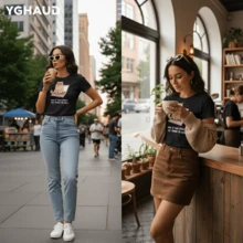 Fashion Women Graphic Tees Vacation Summer Short Sleeve Basic Fit Vacation Outfit - 黑色 - 查看 4