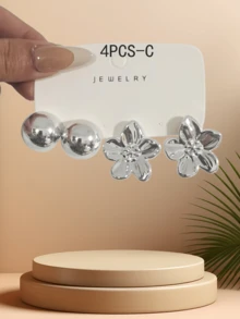 4-16pcs Asymmetrical Teardrop C-Shaped Smooth Floral Earrings Set, Earring Jewelry Combination - Silver - View 5