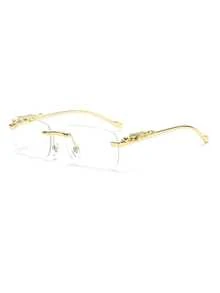 1pc Premium Rimless Edged Men's Leopard Print Temple Eyeglasses - Gold - View 4