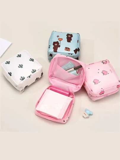 1pc Multi-Functional Sanitary Pad Storage Bag, Large Capacity Sanitary Pad/Tampon/Menstrual Pad Organizer, Portable Cosmetic Bag, Waterproof Cute Cartoon Pattern Storage Pouch, Travel Earphone & Coin Purse