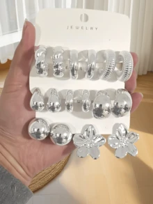 4-16pcs Asymmetrical Teardrop C-Shaped Smooth Floral Earrings Set, Earring Jewelry Combination - Silver - View 1