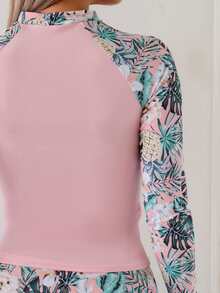 夏季海滩度假热带花卉印花泳衣，高弹力修身两件式长袖吊带泳衣套装 - 淺粉色 - 查看 5