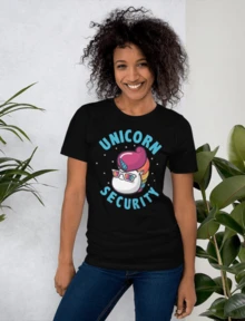 Women's Black Unicorn Security Graphic Print Short Sleeve T-Shirt, Casual Round Neck Cotton Tee For Everyday Style - 黑色 - 查看 1