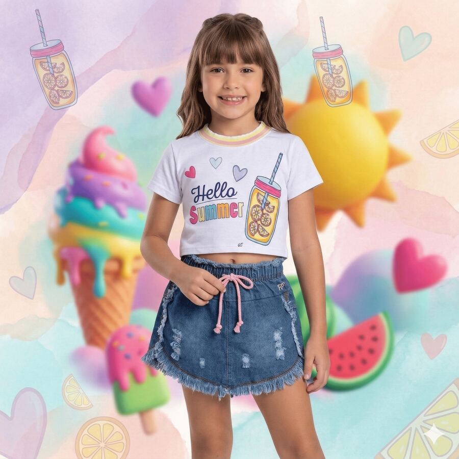 Cropped Infantil Gola Punho Menina Casual Confortável Moda Verão – Hello Summer - Branco - Visão 1