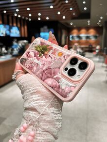 1pc Fashion Tulip & Butterfly Pattern Phone Case With Bow Lanyard, Soft TPU Shockproof Full-Body Protective Phone Cover Compatible With IPhone 17/17 Air/17 Pro/17 Pro Max/16/16 Plus/16 Pro/16 Pro Max/15/14 Plus/13/12/11, Thickened Anti-Scratch Leather Texture Phone Protective Case - Pink - View 3