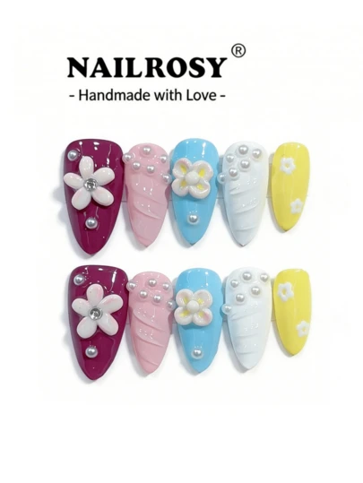 3D勃艮第酒红色花朵美甲贴片/10片装 手工杏仁形优雅美甲凝胶3D花朵美甲装饰 适合春夏，可重复使用的奢华美甲贴片，适合节日、假期、生日