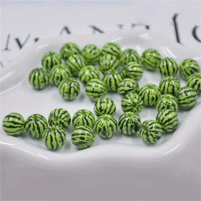 24/48pcs Mini Green Acrylic Printed Watermelon Beads, Summer Theme Faux Fruit Round Beads, Suitable For Making Earrings, Necklaces A