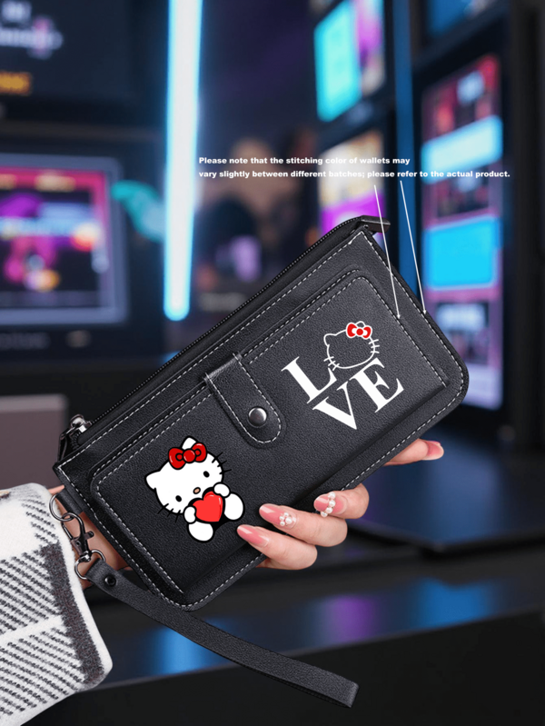 SANRIO 1 ชิ้น กระเป๋าสตางค์ยาว Hello Kitty พร้อมสายรัดข้อมือ, ดีไซน์ลายพิมพ์แฟชั่น, ช่องใส่บัตร, ซิปปิด, ช่องใส่เหรียญ, ของขวัญในอุดมคติสำหรับใช้ในชีวิตประจำวัน, อุปกรณ์เสริมสำหรับการเดินทาง, ช้อปปิ้งกลางแจ้ง