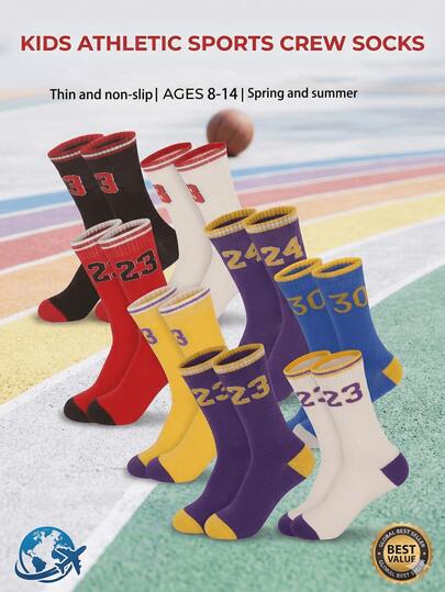 1 Pair Kids' Thin Non-Slip Basketball Sports Socks, Basketball Number Socks, Breathable Non-Slip Thin Suitable For Spring/Summer, Fit For Older Kids & Teenagers Outdoor Sports