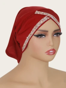 1pc Women's Crystal Linen Knit Elastic Fabric Diamond Crafted Malaysian Hijab Fashion Scarf Headwrap - Crystal Rhinestone Hat In Multiple Colors - View 4