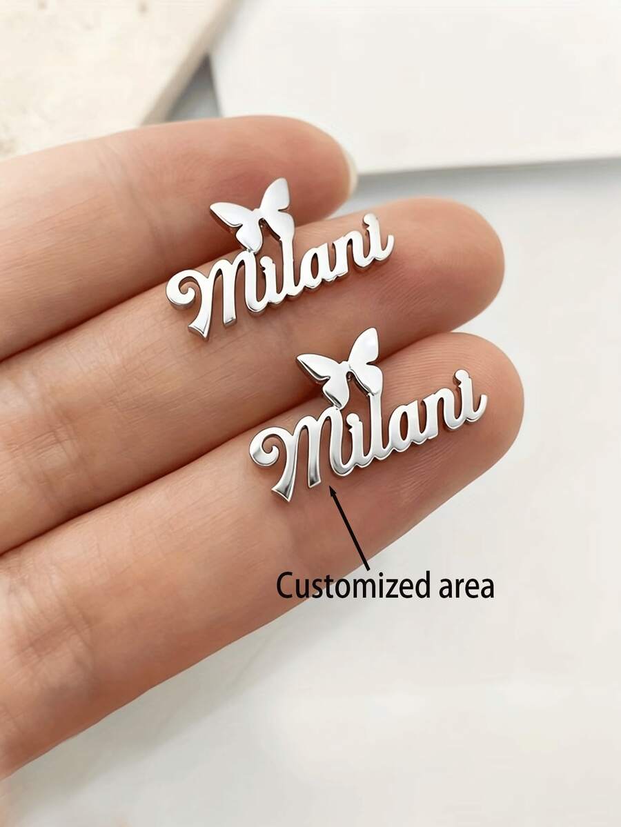 Custom Butterfly Name Earrings, Personalized Cute Butterfly, Stainless Steel Animal Nameplate Earrings, A Gift For Her, A Holiday Gift, A Birthday Gift, Women's Fashion Jewelry. - Multicolor - View 1