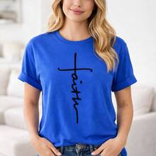 Women's Plus Size 0XL-5XL Cotton Short Sleeve T-Shirt, Classic Crew Neck Casual Top, Loose Fit Basic Tee, Solid Color Soft Comfy Daily Wear, Black/White Print Christian Cross Faith Graphic T-Shirt For Ladies - 藍色 - 查看 6