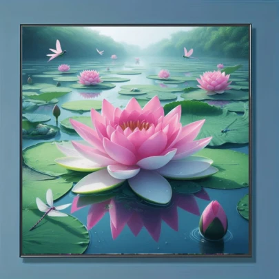 1件装新款莲花主题钻石画套装，5D圆形水晶钻石马赛克DIY工艺品，适合作为手工礼品，装饰客厅、卧室，也可用于宰牲节、父亲节、母亲节、婚礼、五一劳动节、复活节、圣诞节、情人节等场合，无框。