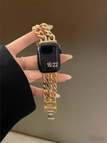 1条兼容苹果手表表带，金色金属双链设计，可调节表带，适用于 Ultra2/1/SE/S9/8/7/6/5/4/3/2/1系列，男女皆宜，可替换智能手表表带，兼容38mm/40mm/41mm/42mm/44mm/45mm/49mm尺寸（不含手表），全球时尚潮流新品，男女通用智能手表表带 - 金色 - 查看 3