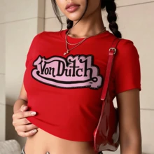 A Pure Cotton Crew Neck Short-Sleeve Women's T-Shirt With A Slogan Print, Summer Women's Graphic Top, Versatile For Everyday Wear, Comfortable For Home, And Machine Washable. - 紅色 - 查看 2