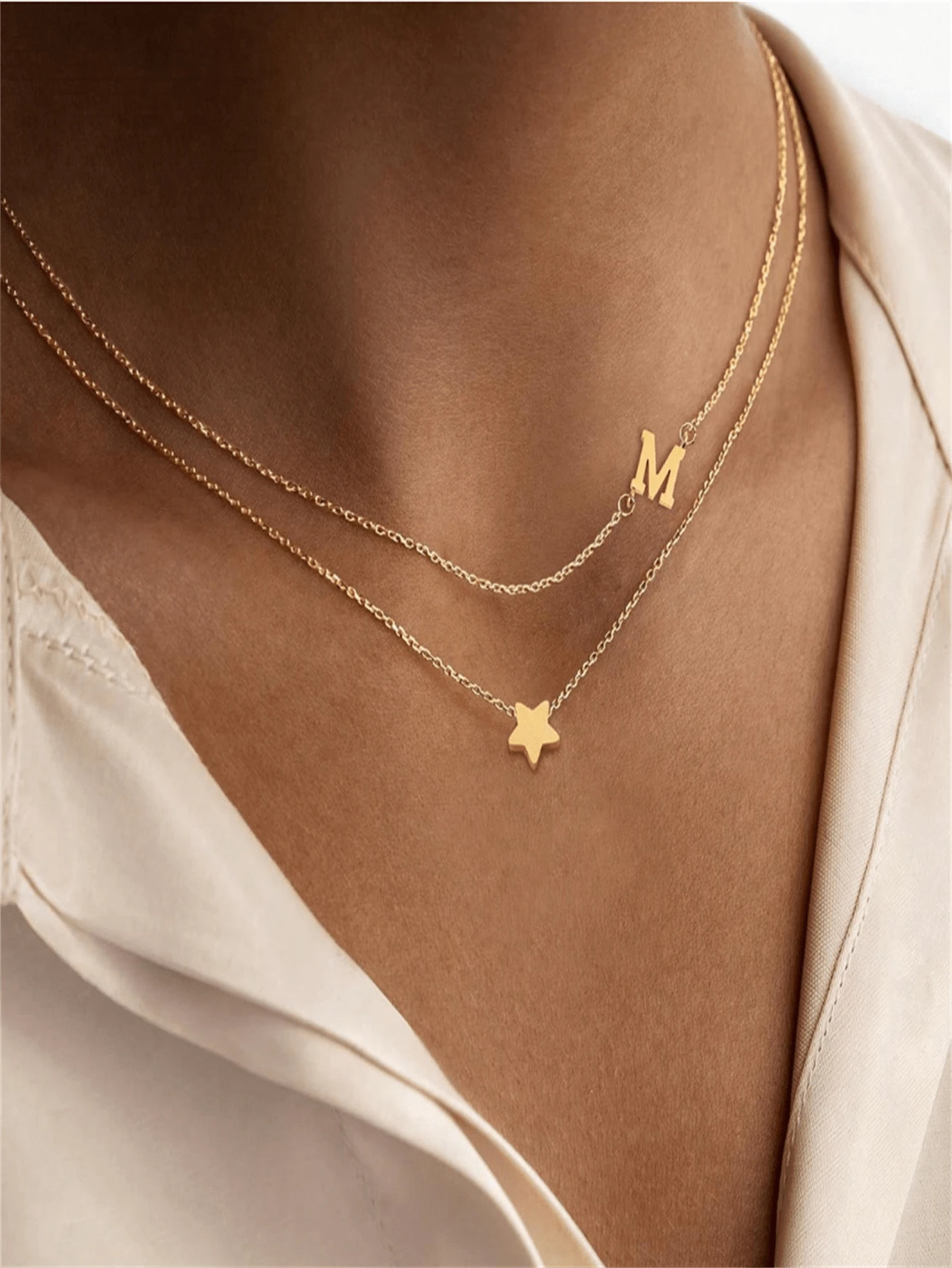 2件套不锈钢星星字母吊坠项链，可叠戴，女士款 - 金色 - 查看 1
