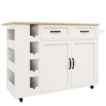 Kitchen Island Table, Kitchen Cart With Power Outlet, Cabinet, Removable Dining Cart With Wine Rack, Dining Cabinet, Dining Cart With Wood Finish, Sideboard, White - White - View 2