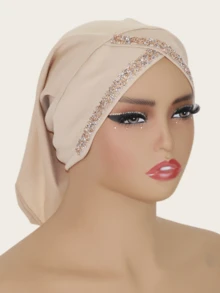 1pc Women's Crystal Linen Knit Elastic Fabric Diamond Crafted Malaysian Hijab Fashion Scarf Headwrap - Crystal Rhinestone Hat In Multiple Colors - View 9