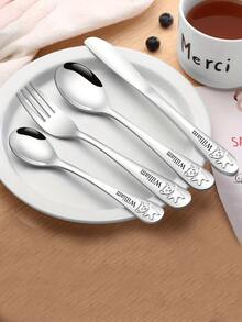 4pcs Customized Text/Logo Children's Tableware Set, Includes Knife, Soup Spoon, Fork, Coffee Spoon, Featuring Cute Bear Logo, Personalized Laser Engraved Text, Stainless Steel Cutlery Set, Customized Birthday/Children's/Student Gift - Silver - View 3