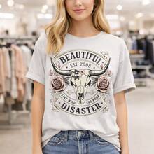 Women's Plus Size Cotton T-Shirt, Beautiful Disaster Graphic Print, Vintage Bull Skull & Rose Design, Casual Loose Fit Tee, Short Sleeve Round Neck Top, Sizes M-5XL, Soft Comfortable Cotton Fabric, Fashionable Western Style Shirt For Daily Wear - 淺灰色 - 查看 7