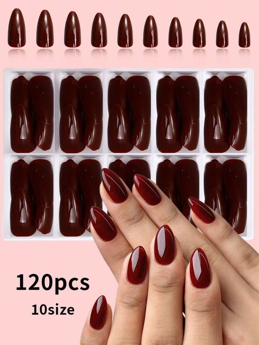 ARTAUG 120pcs Almond Shaped Pure Burgundy Nail Stickers, Minimalist High Gloss Design Fake Nails DIY Manicure Set, Suitable For Daily Wear And Special Occasions, For Women And Girls