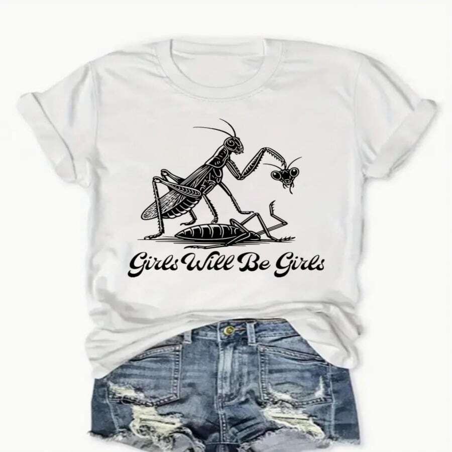 Camiseta de manga corta casual para mujer con estampado festivo de mantis religiosa comiendo insectos, moda de mujer, cuello redondo, ajuste cómodo, adecuada para todas las estaciones, tela duradera - Multicolor - Ver 1