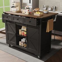 Kitchen Island Table, Dining Cart With Retractable Countertop, Kitchen Cart With Wheels, Cabinet With Two Sliding Doors And Three Drawers, Dining Cart With Wood Grain Finish, Black Cabinet - Black - View 5