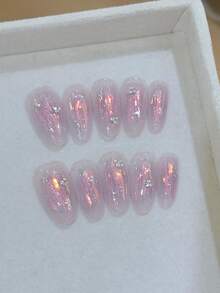 10片纯手工制作的长椭圆形美甲贴片，白色和粉色激光闪光美甲，时尚可爱，Y2K风格，柔和闪光，适合女性和女孩，春夏秋冬，节日和日常生活均可使用。 - 粉色 - 查看 1