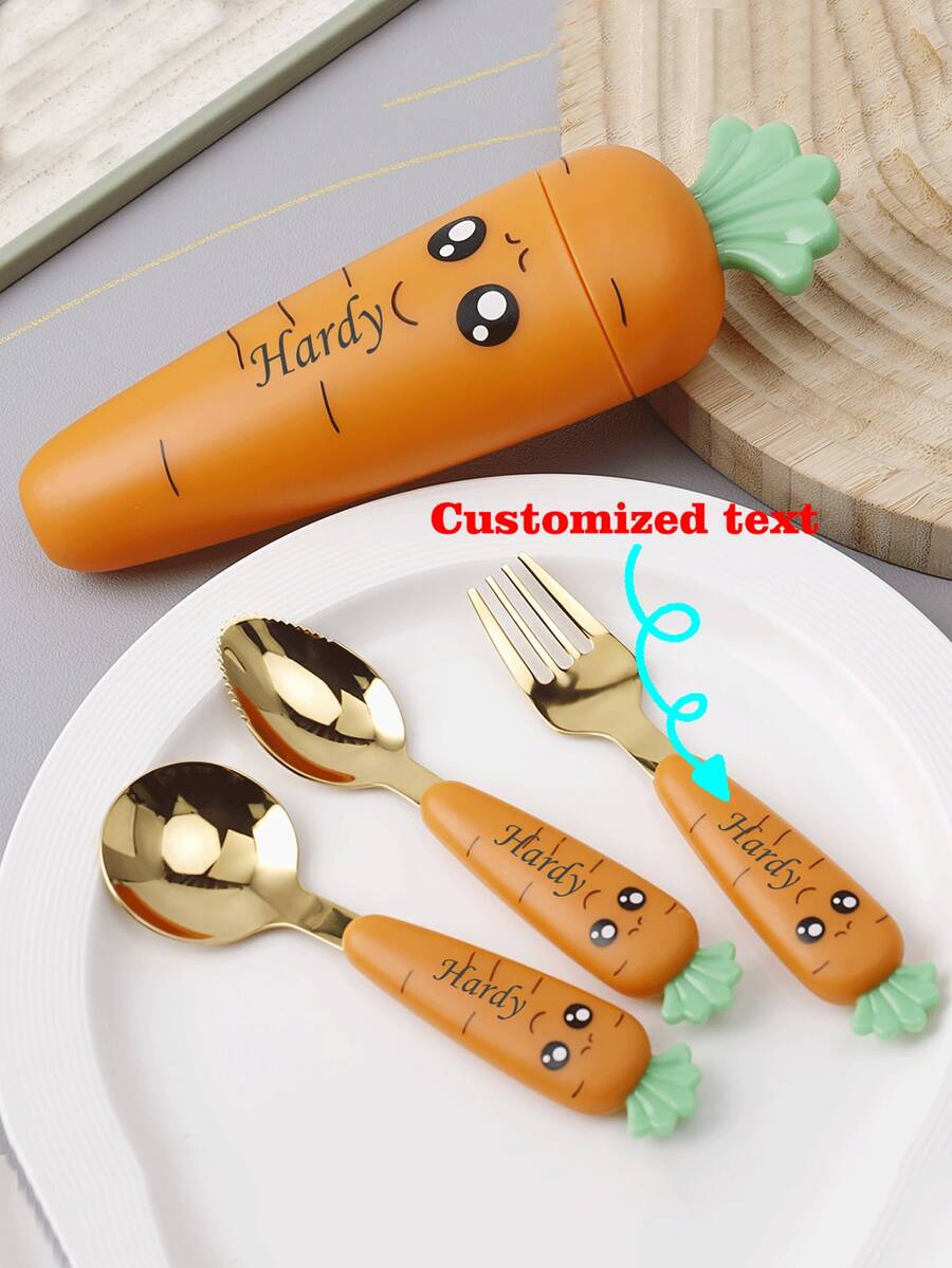Set Garpu & Sendok Stainless Steel Berbentuk Wortel Kreatif dengan Teks Kustom, Peralatan Makan Bayi, Alat Makan Latihan untuk Balita dengan Kotak Penyimpanan Portabel Berbentuk Wortel yang Menggemaskan - Jeruk - View 1