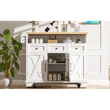 Modern Kitchen Island Table (118*43*98 Cm) Kitchen Cabinet / Dining Table, Wood Grain Design With Casters, Multifunctional Storage Space, Removable Partition With Towel Rack, White - White - View 9