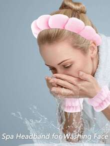 1pc Facial Headband / 2pcs Facial Wristbands / 3sets Spa Headband, Makeup Headband, Facial Headband, Skincare Headband, Pink Velvet Fluffy Sponge Headband, Bow, Bubble, Spa Headband, Wristband, Women & Girls Hair Accessories Set - Clouds - View 3