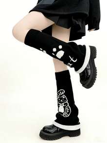 1双洛丽塔可爱猫咪黑色针织腿套，时尚街头风 - 彩色 - 查看 1