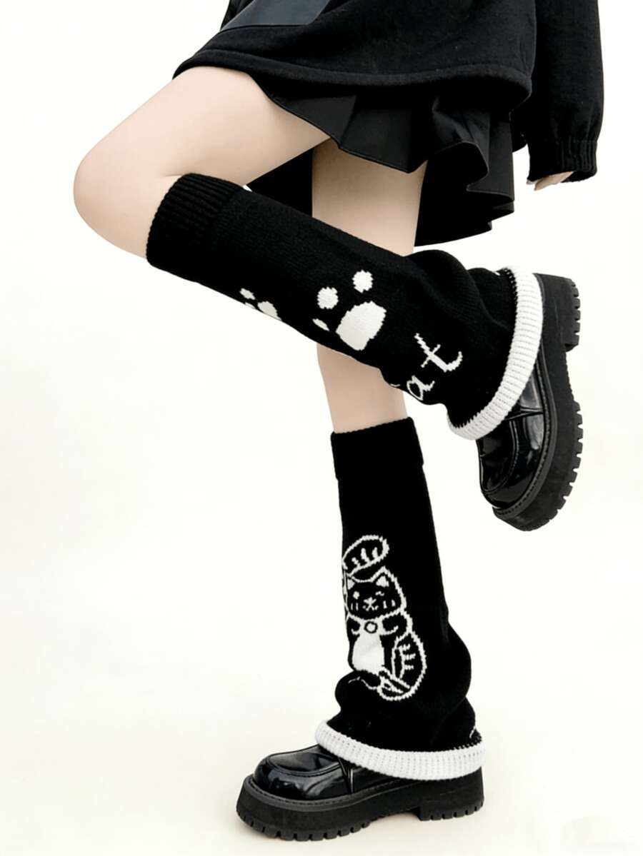 1双洛丽塔可爱猫咪黑色针织腿套，时尚街头风 - 彩色 - 查看 1