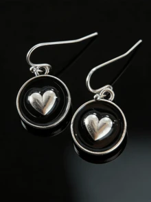 一对复古简约可爱圆形黑色珐琅心形吊坠耳环，百搭饰品，适合女性日常休闲佩戴 - 銀色 - 查看 3